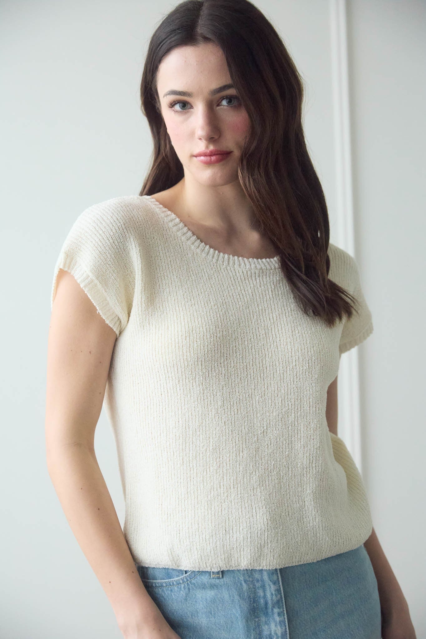 Blu Pepper Back Sheer Tie Short Sleeve Knit Sweater