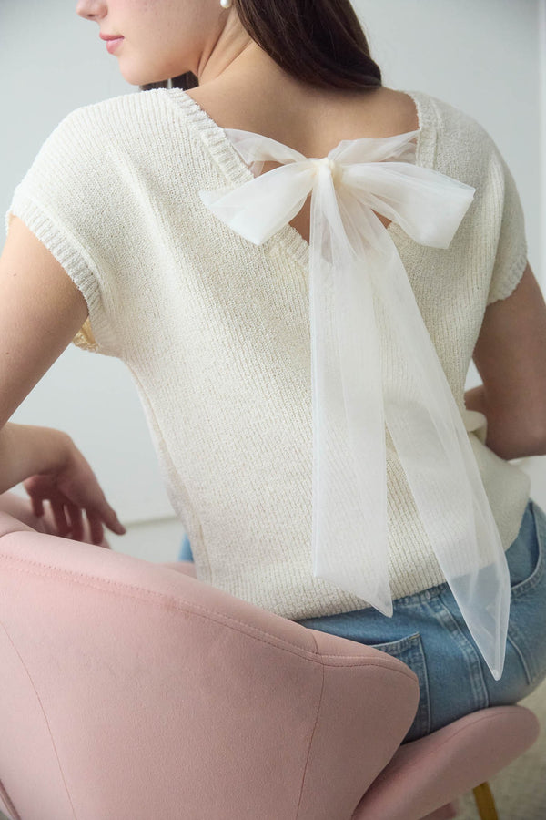Blu Pepper Back Sheer Tie Short Sleeve Knit Sweater