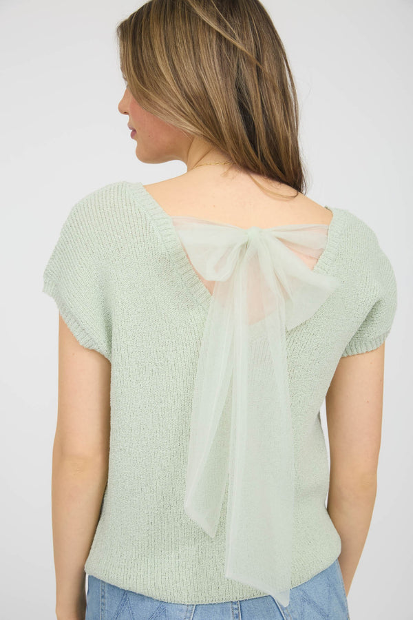 Blu Pepper Back Sheer Tie Short Sleeve Knit Sweater