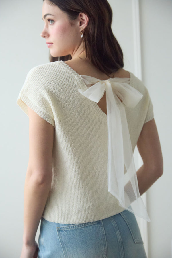Blu Pepper Back Sheer Tie Short Sleeve Knit Sweater