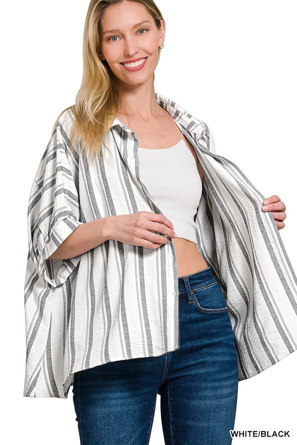 Woven Yarn-dye Stripe Oversized Button Down Shirts