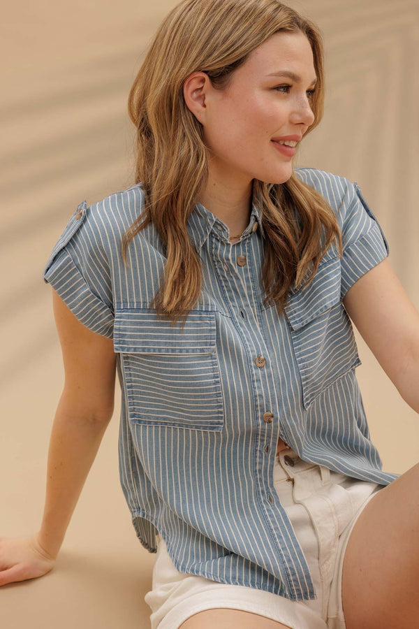 Blu Pepper Stripe Button Down Tab Sleeve Chambray Shirt