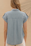Blu Pepper Stripe Button Down Tab Sleeve Chambray Shirt