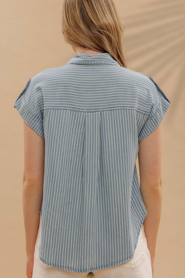 Blu Pepper Stripe Button Down Tab Sleeve Chambray Shirt