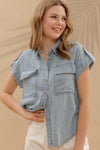 Blu Pepper Stripe Button Down Tab Sleeve Chambray Shirt