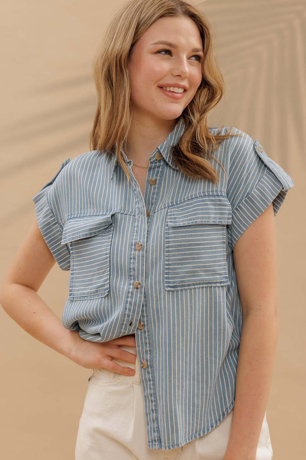 Blu Pepper Stripe Button Down Tab Sleeve Chambray Shirt