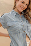 Blu Pepper Stripe Button Down Tab Sleeve Chambray Shirt