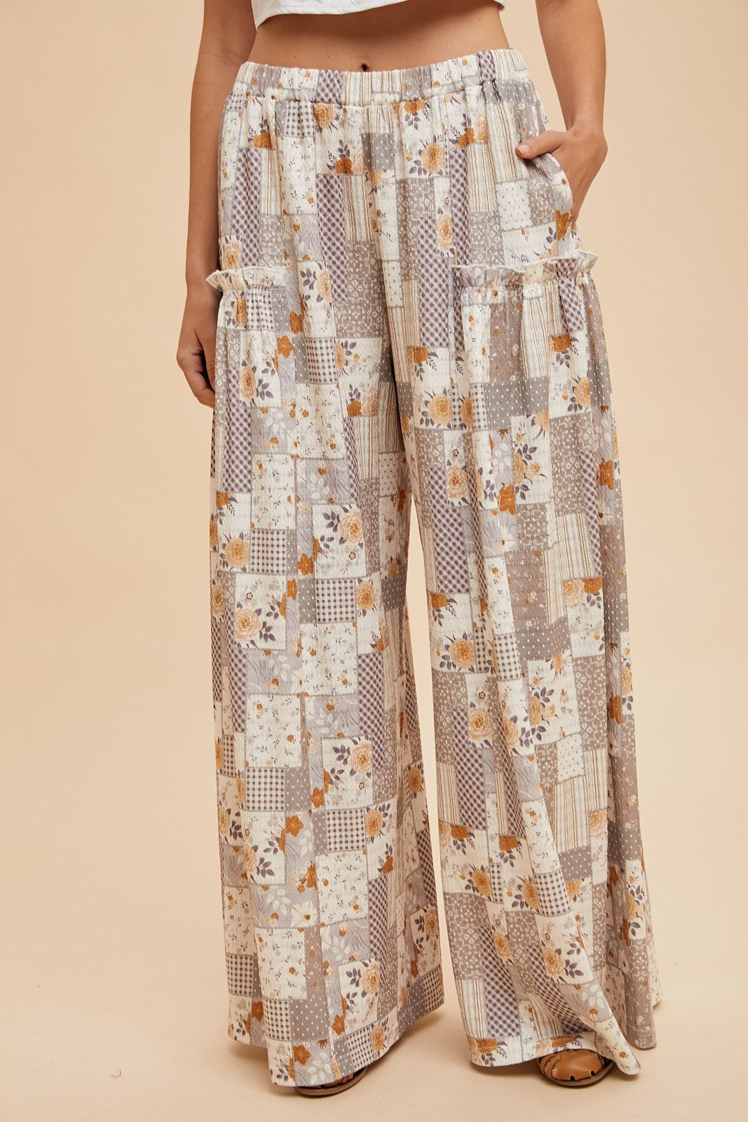 Patchwork Print Textured Knit Wide Leg Pants