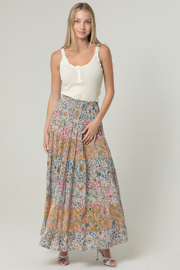 Angie Mixed Print Tiered Maxi Skirt