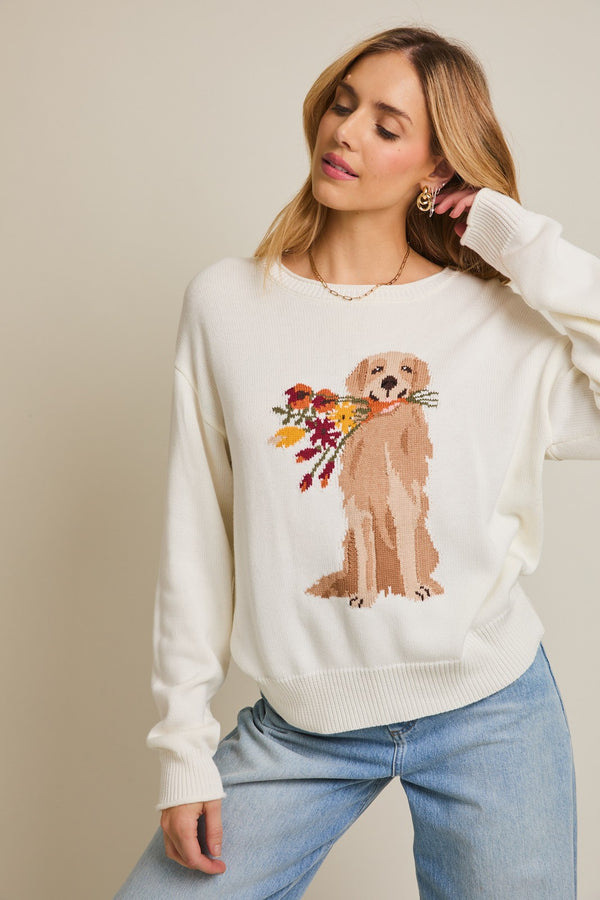Gilli Round Roll Up Neck & Flower Dog Graphic Sweater