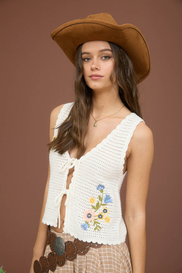SALE Blu Pepper Floral Embroidery Front Tie Crochet Vest Top