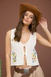 SALE Blu Pepper Floral Embroidery Front Tie Crochet Vest Top