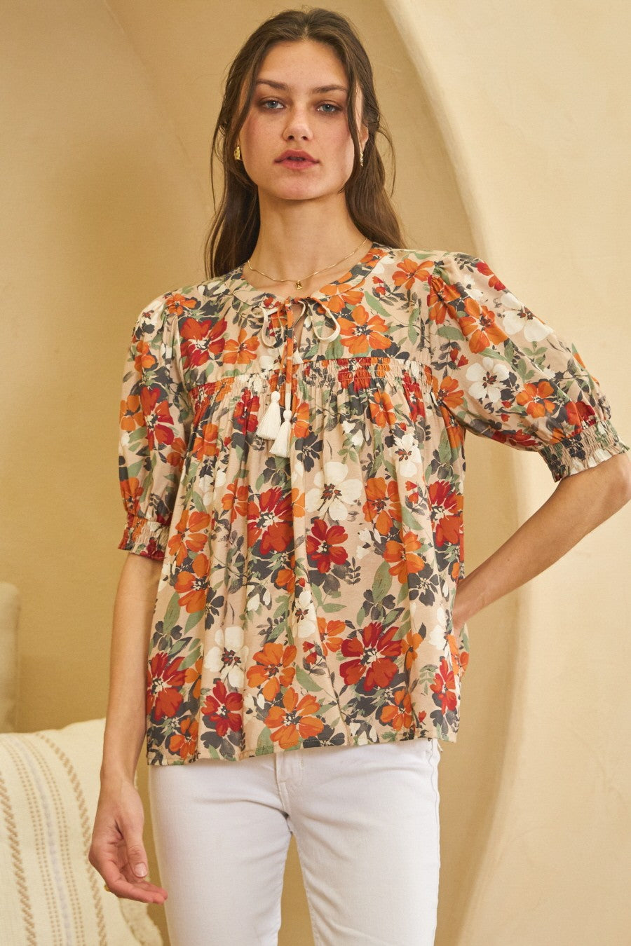 ODDI Flower Printed Short Sleeve Blouse - Curvy Size