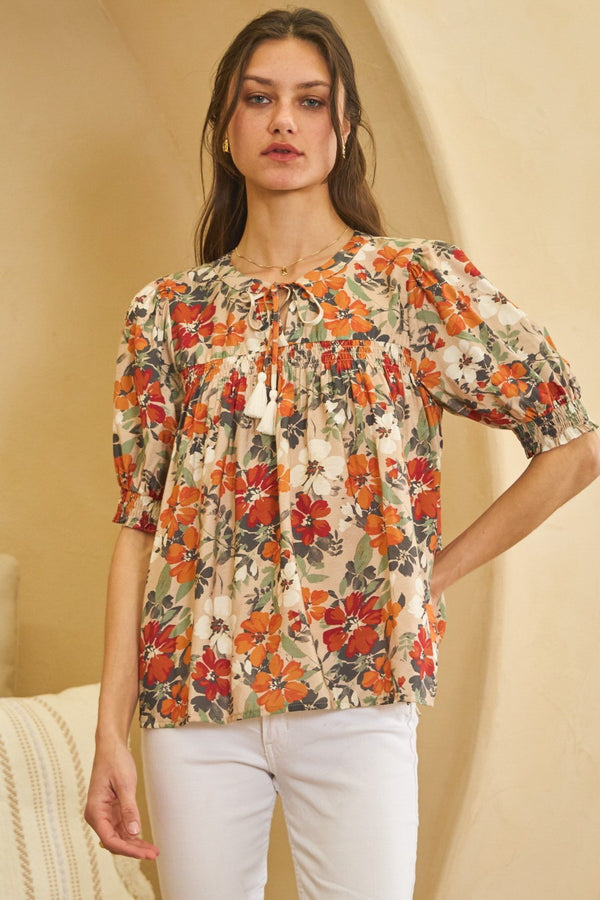 ODDI Flower Printed Short Sleeve Blouse - Curvy Size