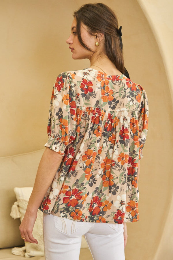 ODDI Flower Printed Short Sleeve Blouse - Curvy Size