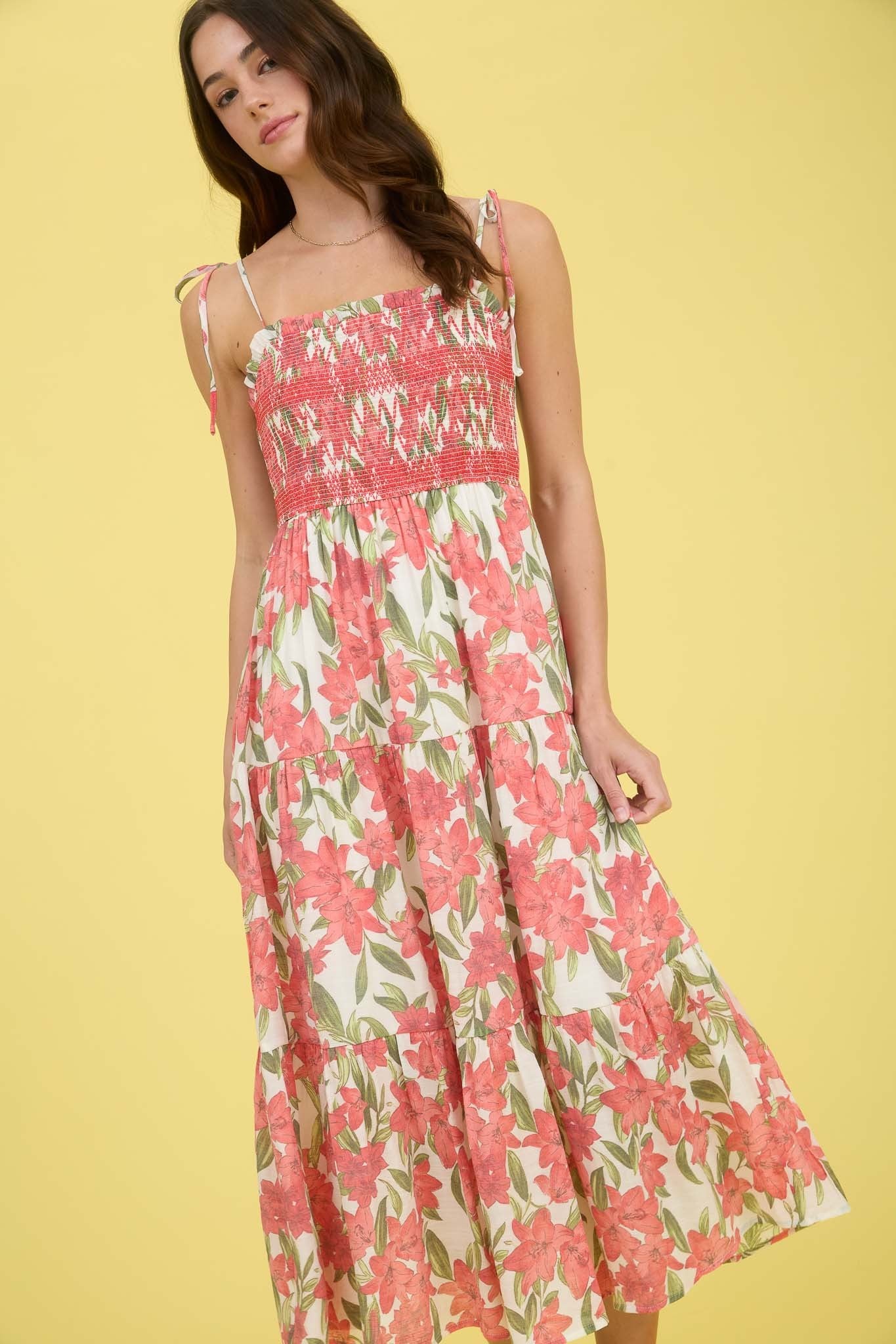 Blu Pepper Floral Smocked Spaghetti Tie Tiered Midi Dress