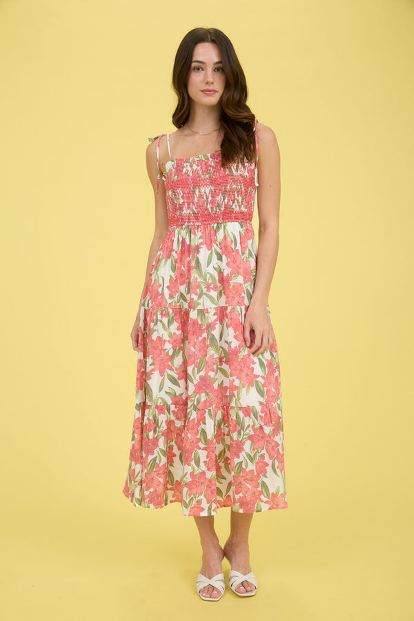 Blu Pepper Floral Smocked Spaghetti Tie Tiered Midi Dress
