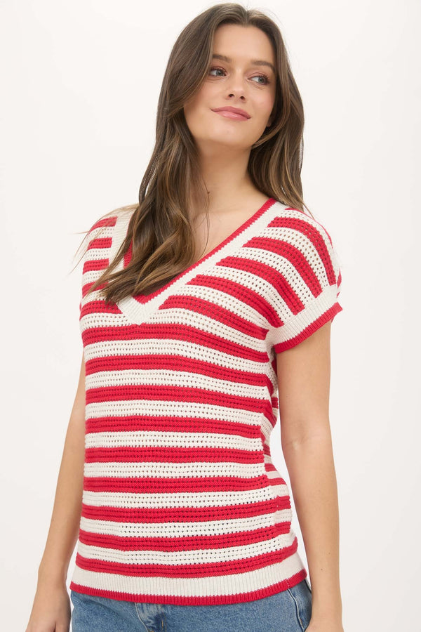 Blu Pepper Stripe V Neck Crochet Knit Short Sleeve Sweater