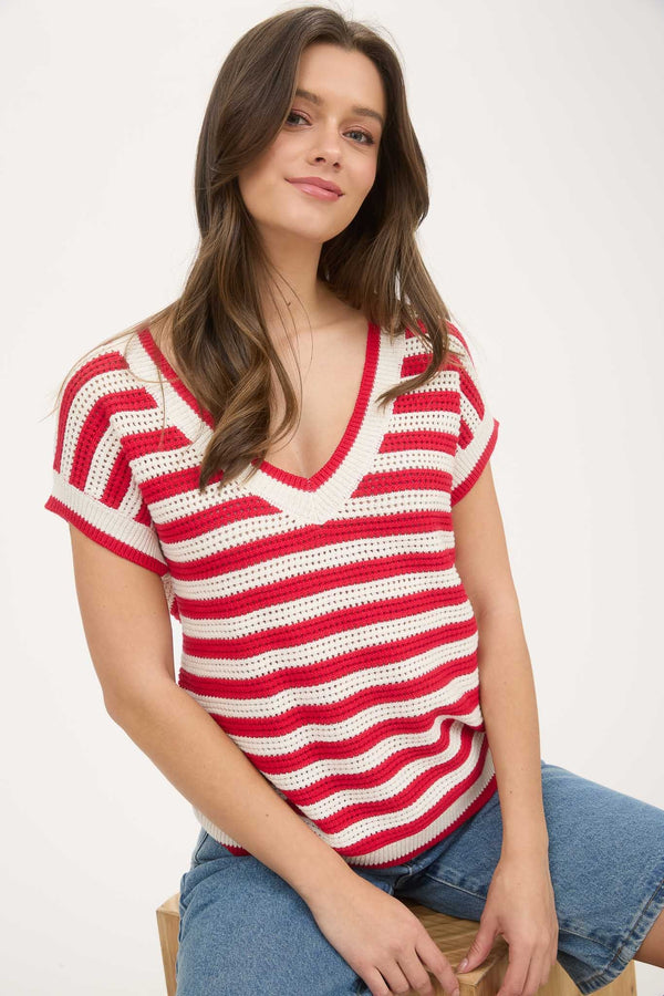 Blu Pepper Stripe V Neck Crochet Knit Short Sleeve Sweater