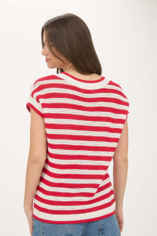 Blu Pepper Stripe V Neck Crochet Knit Short Sleeve Sweater