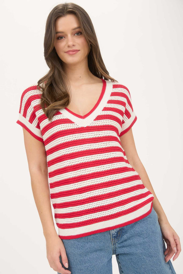Blu Pepper Stripe V Neck Crochet Knit Short Sleeve Sweater