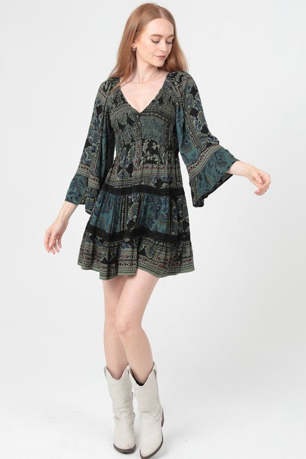 Angie V Neck Smocked Bodice Long Bell Sleeve Lace Trim - Blush & Cactus