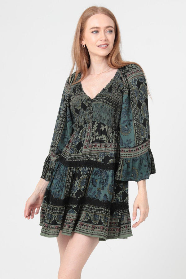 Angie V Neck Long Sleeve Lace Trim Dress - Chic Fashion M Angie V Neck Long Sleeve Lace Trim Dress - Chic Fashion M