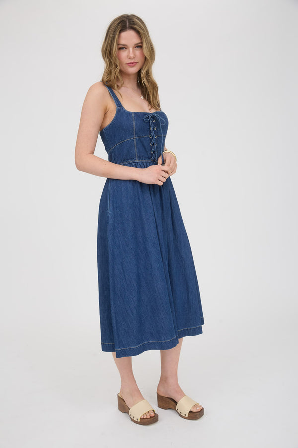Blu Pepper Front Lace Midi Dress Denim / L, Size L Blu Pepper Front Lace Midi Dress Denim / L, Size L