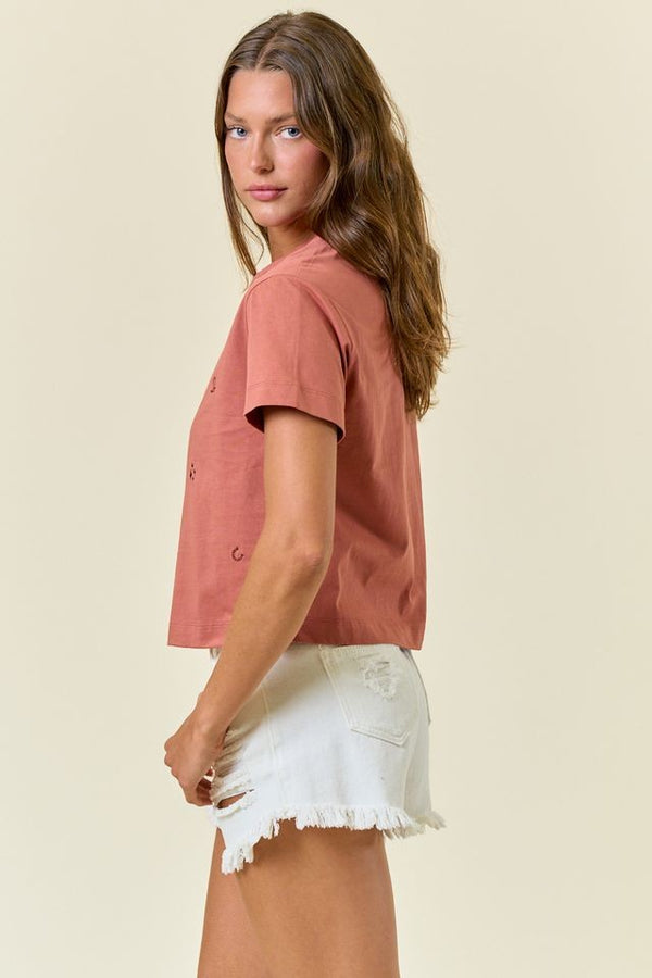 Doe and Rae Short Sleeve Cowgirl Embroidered Crop Top