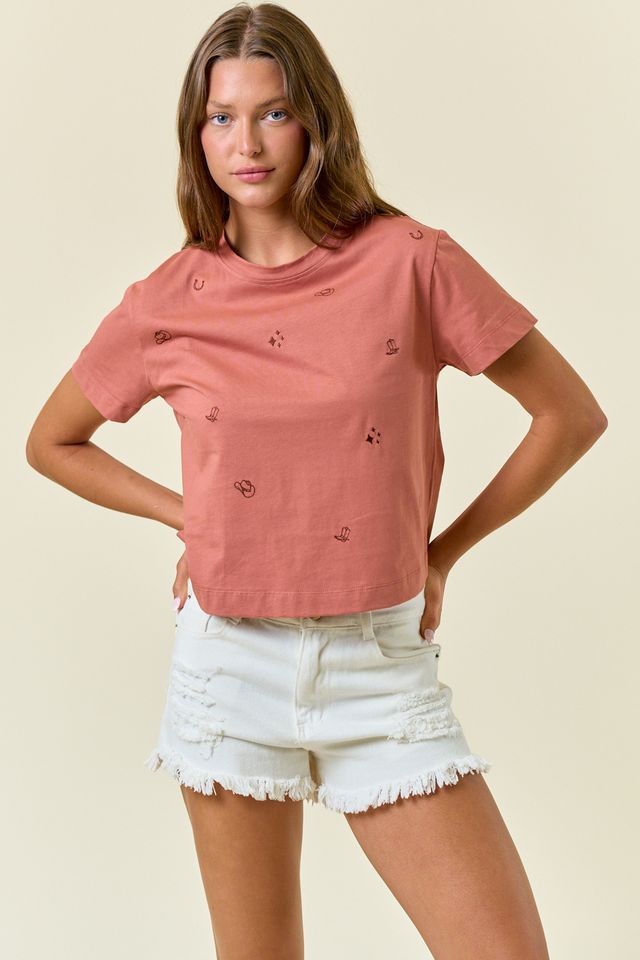 Doe and Rae Short Sleeve Cowgirl Embroidered Crop Top