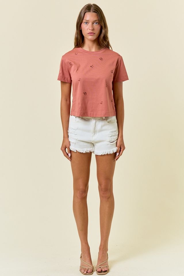 Doe and Rae Short Sleeve Cowgirl Embroidered Crop Top