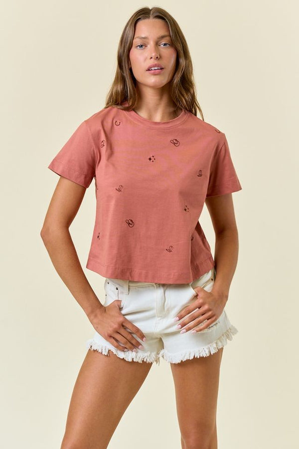 Doe and Rae Short Sleeve Cowgirl Embroidered Crop Top