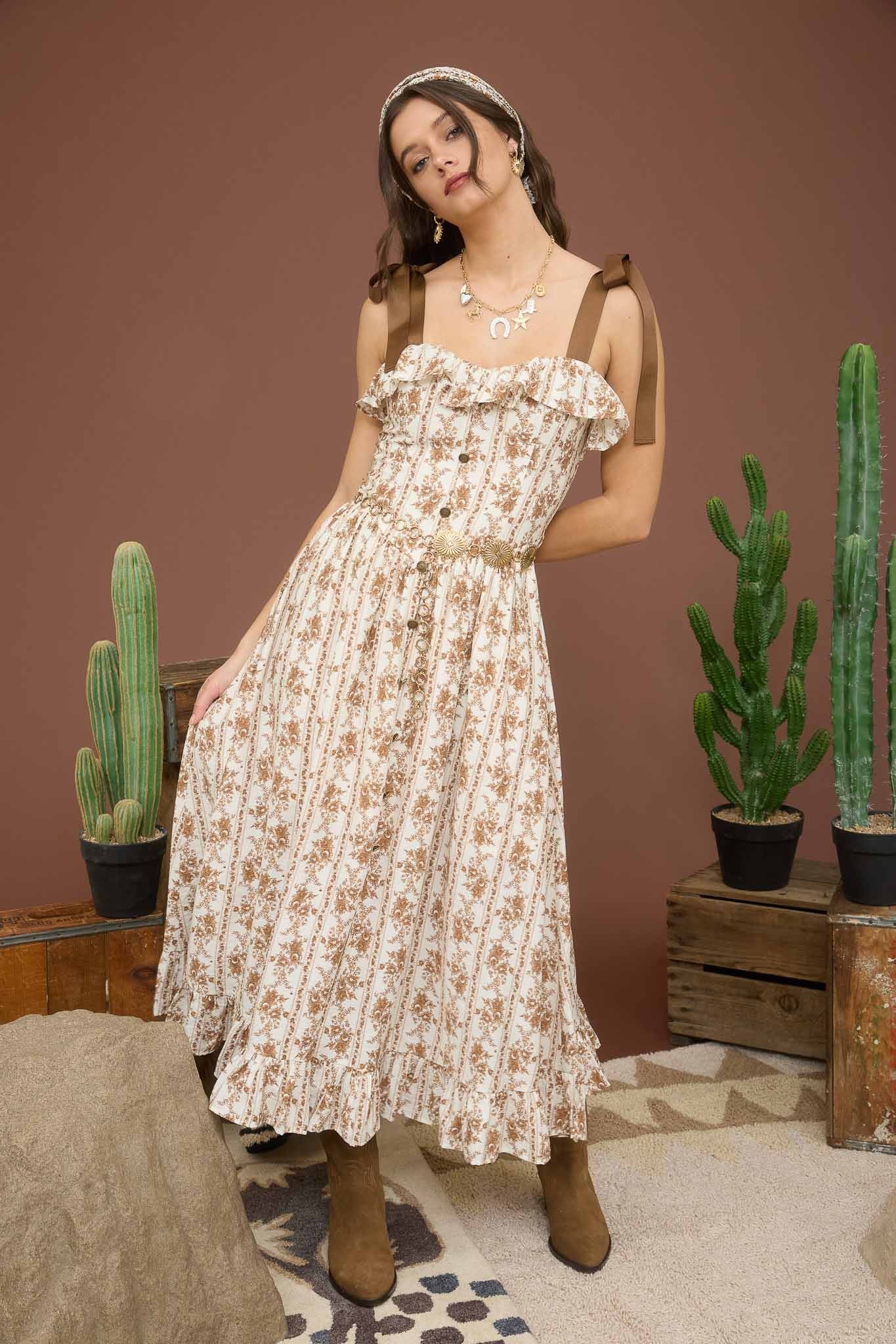 Blu Pepper Stripe Floral Ruffle Detail Button Down Midi Dress