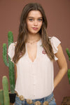 Blu Pepper Floral Embroidery Button Down Short Sleeve Top
