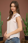 Blu Pepper Floral Embroidery Button Down Short Sleeve Top