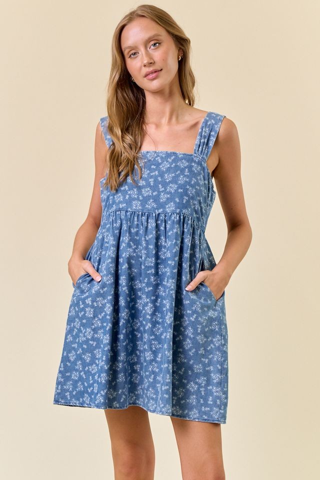 Doe and Rae Floral Chambray Denim Mini Dress