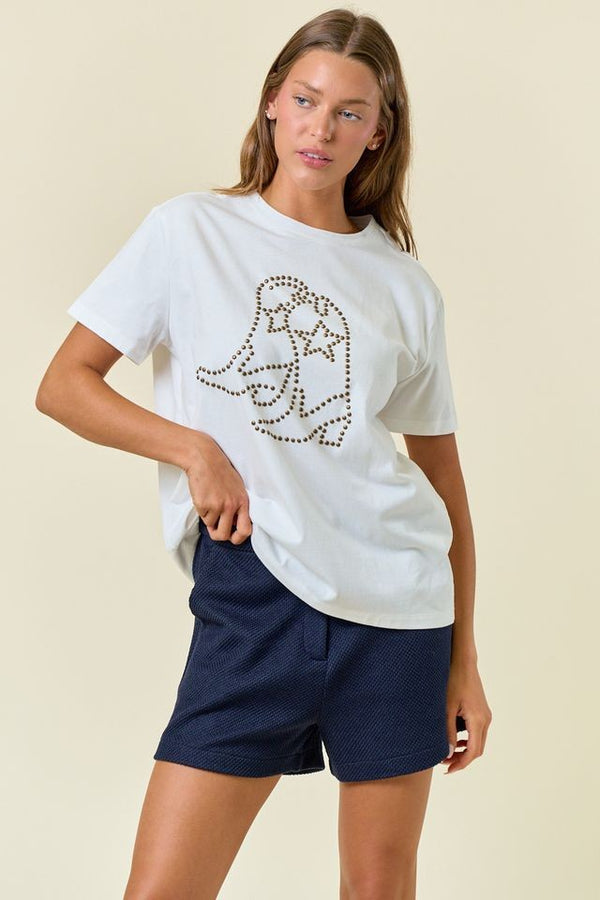Doe and Rae Cowboy Boot Hotfix Crew Neck Short Sleeve Tee