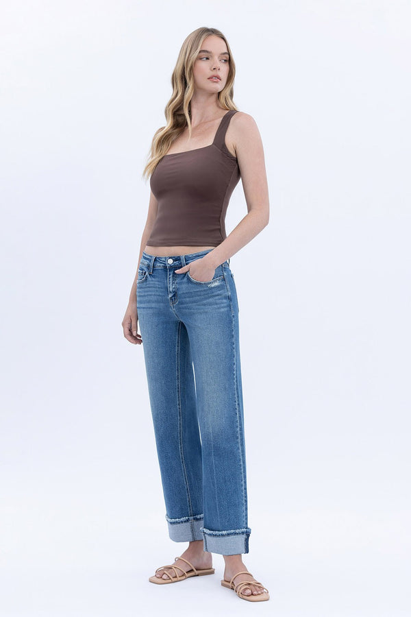 Lovervet Mid Rise Cuffed Ankle Slim Wide Jeans