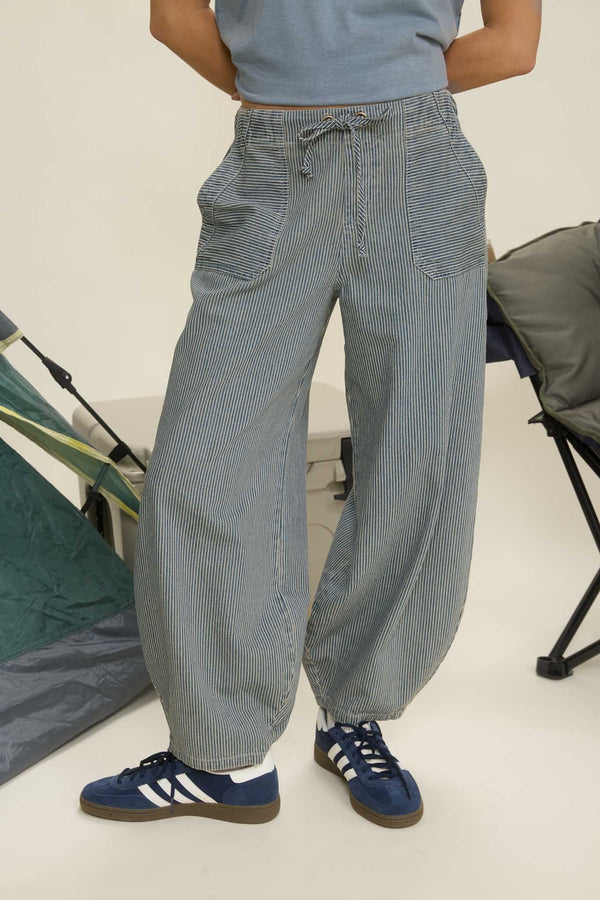 Blu Pepper Stripe Denim Waist Tie Parachute Pants
