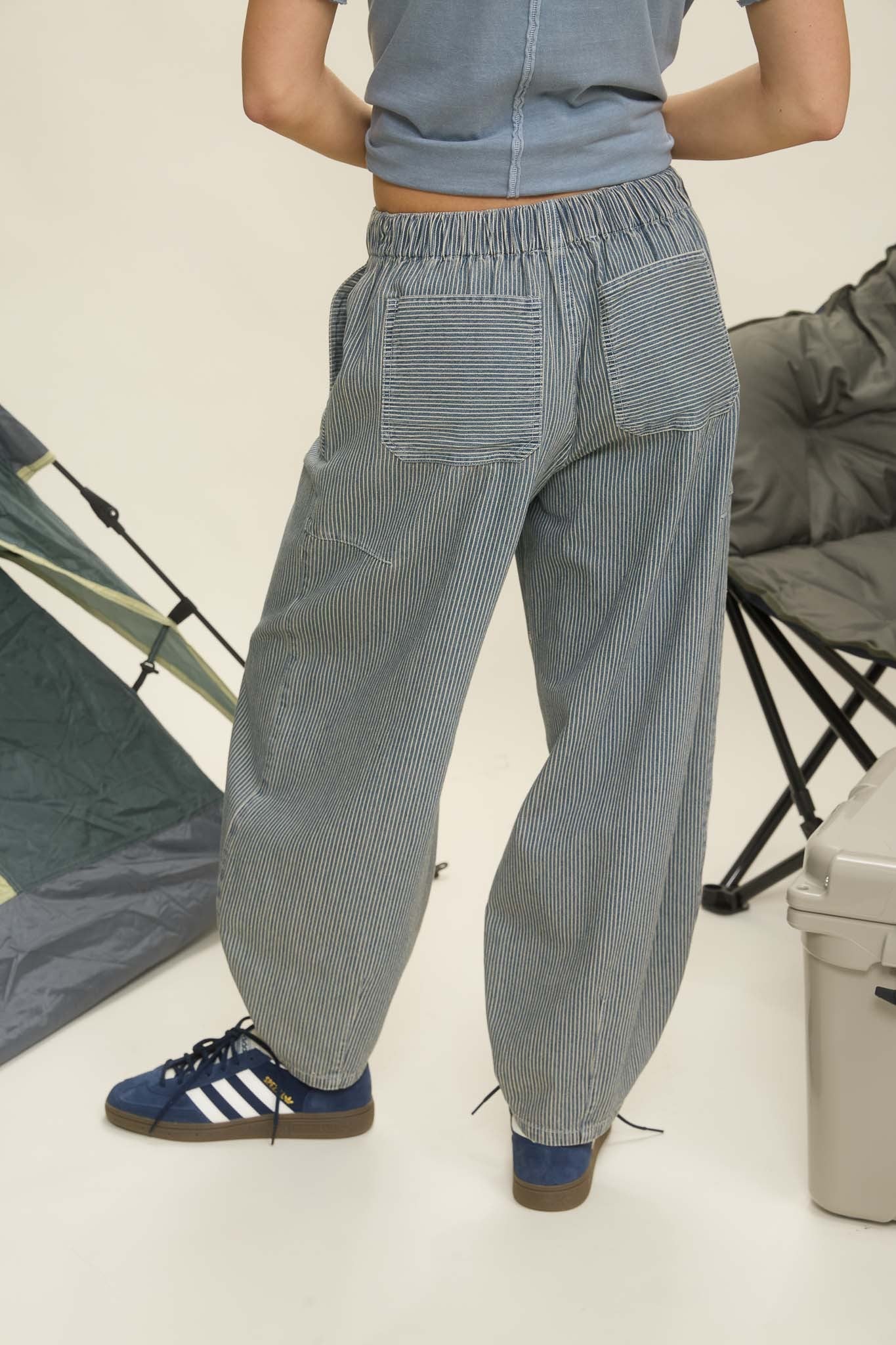 Blu Pepper Stripe Denim Waist Tie Parachute Pants