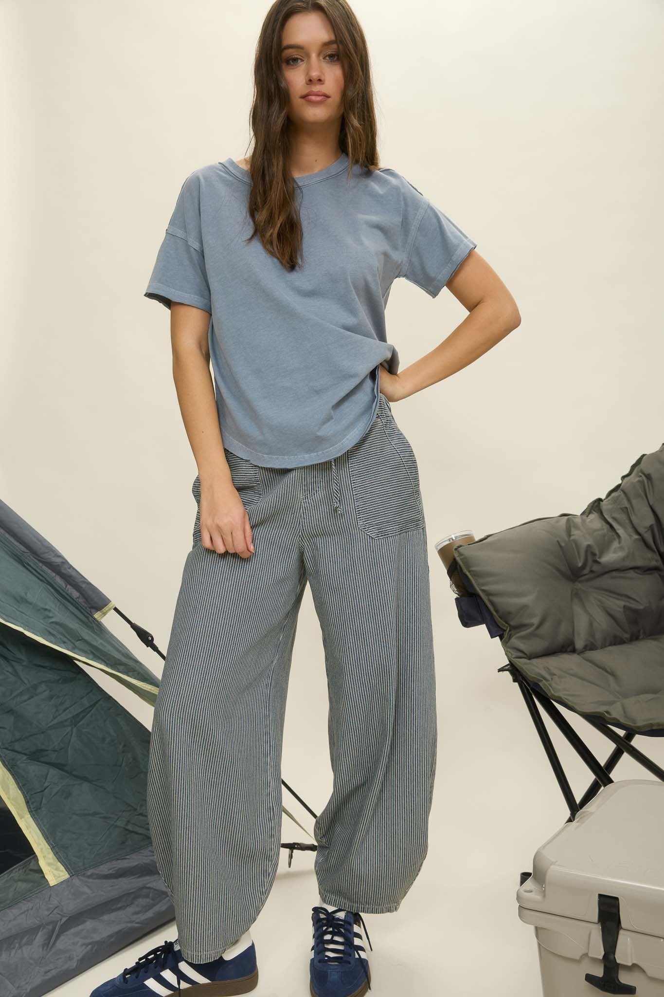 Blu Pepper Stripe Denim Waist Tie Parachute Pants