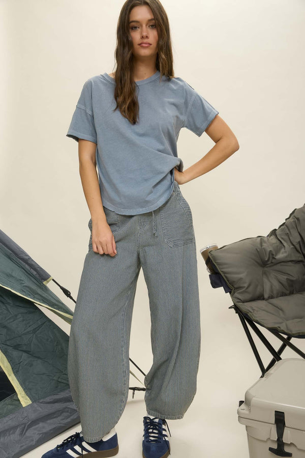 Blu Pepper Stripe Denim Waist Tie Parachute Pants