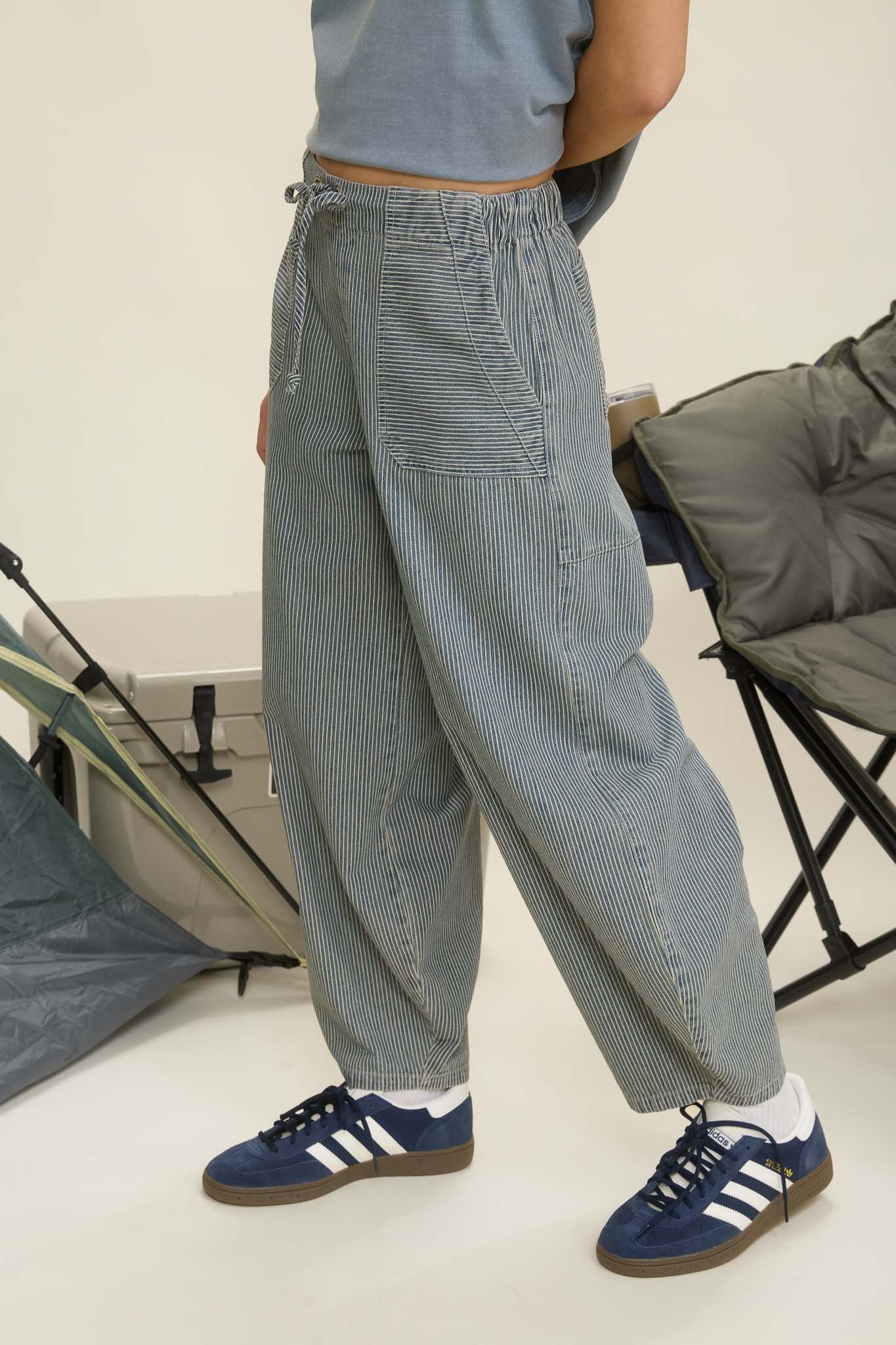Blu Pepper Stripe Denim Waist Tie Parachute Pants