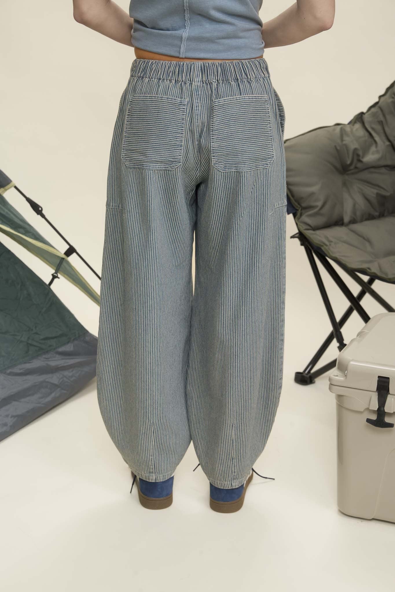 Blu Pepper Stripe Denim Waist Tie Parachute Pants