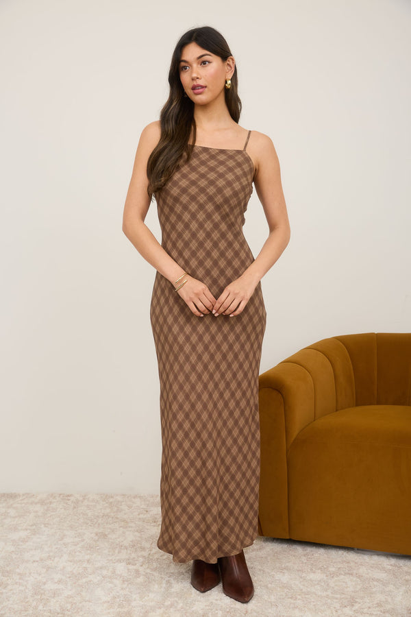Blu Pepper Plaid Spaghetti Strap Midi Dress
