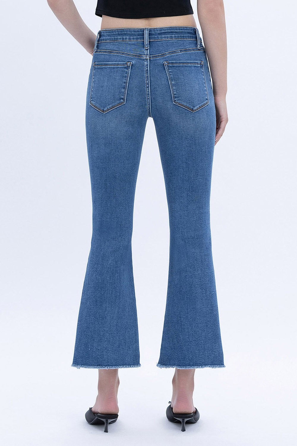 Vervet Mid Rise Raw Step Hem Crop Flare Jeans