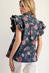 eesome Mineral Wash Floral Ruffled Flutter Sleeve Blouse