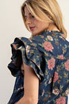 eesome Mineral Wash Floral Ruffled Flutter Sleeve Blouse