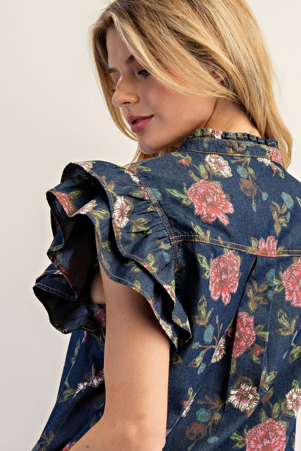 eesome Mineral Wash Floral Ruffled Flutter Sleeve Blouse