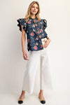 eesome Mineral Wash Floral Ruffled Flutter Sleeve Blouse